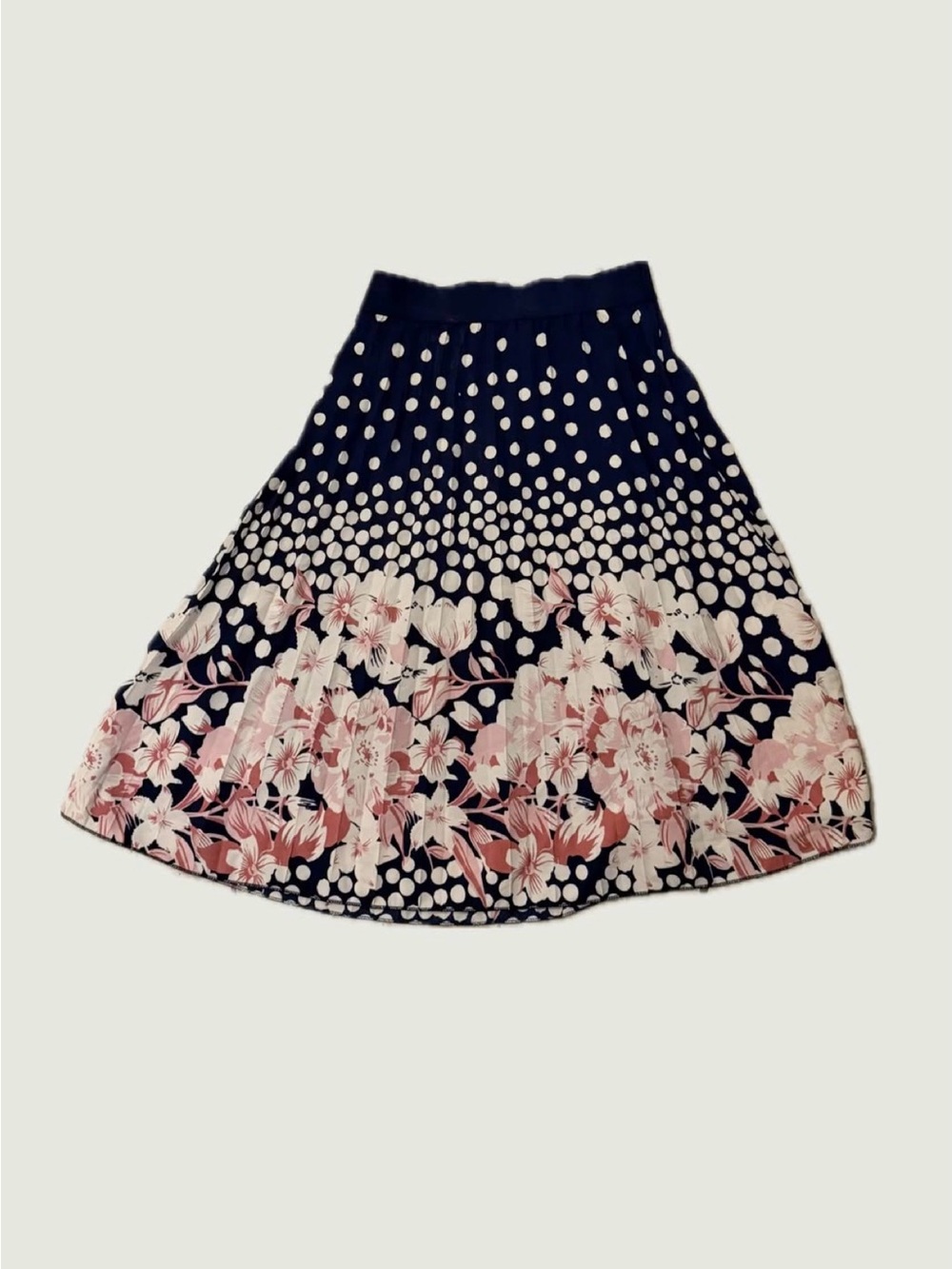 Navy Polka Dot & Pink Floral A-Line Skirt